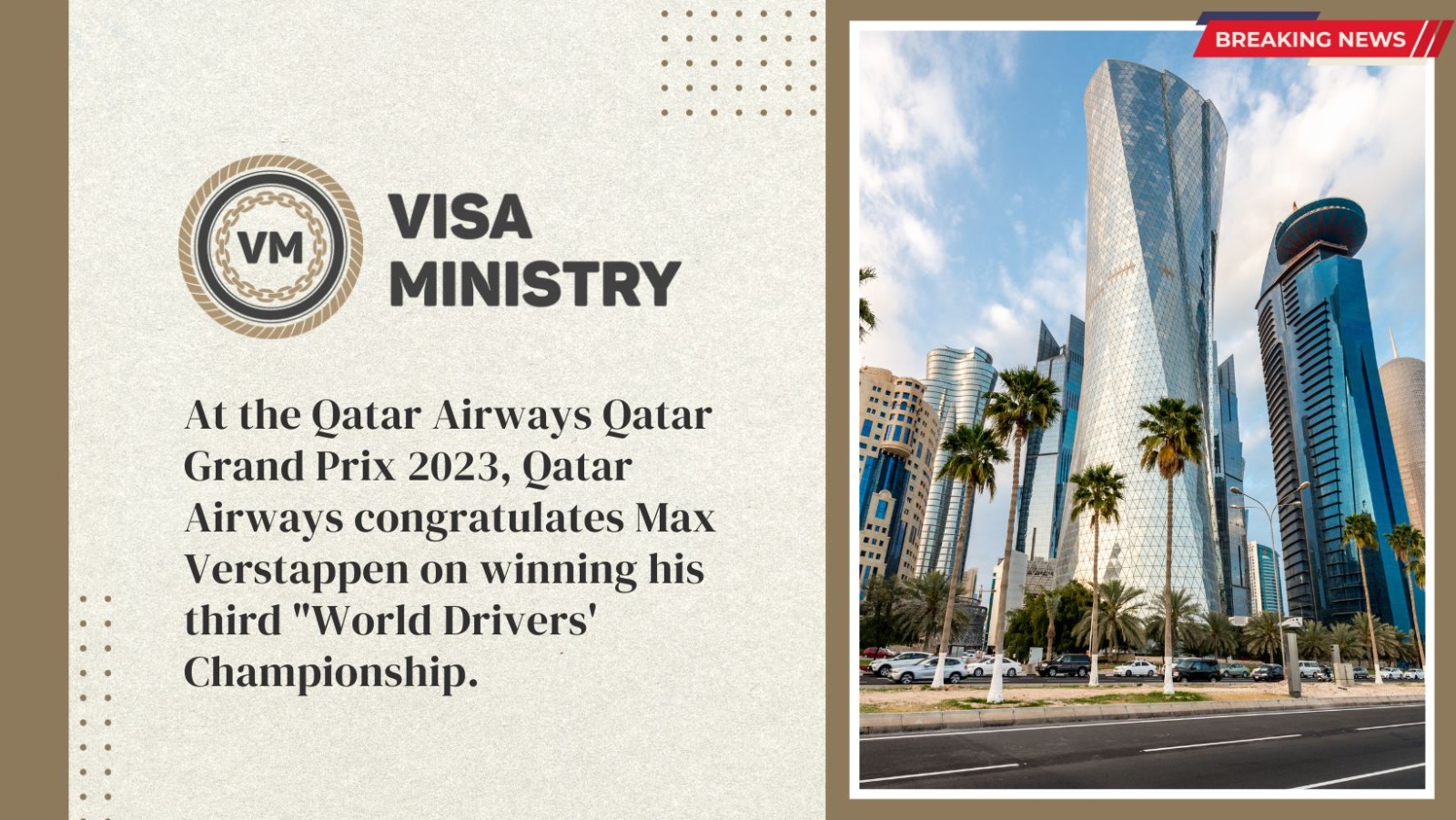 At the Qatar Airways Qatar Grand Prix 2023, Qatar Airways congratulates Max Verstappen on winning his third “World Drivers’ Championship.”