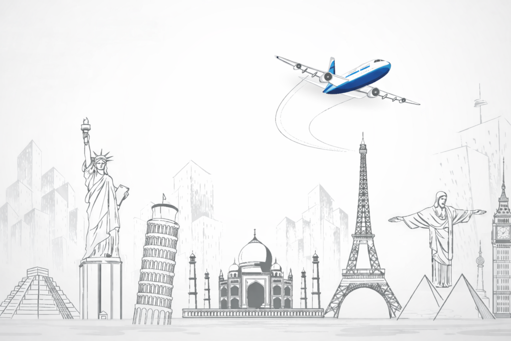 world landmarks and a flying plane